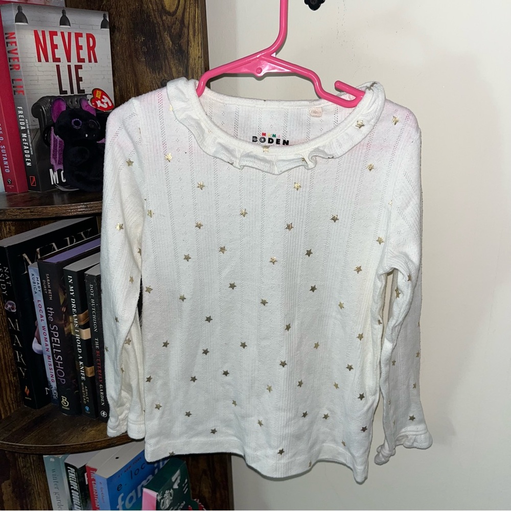 Mini Boden White and Gold Star Long Sleeve Tee